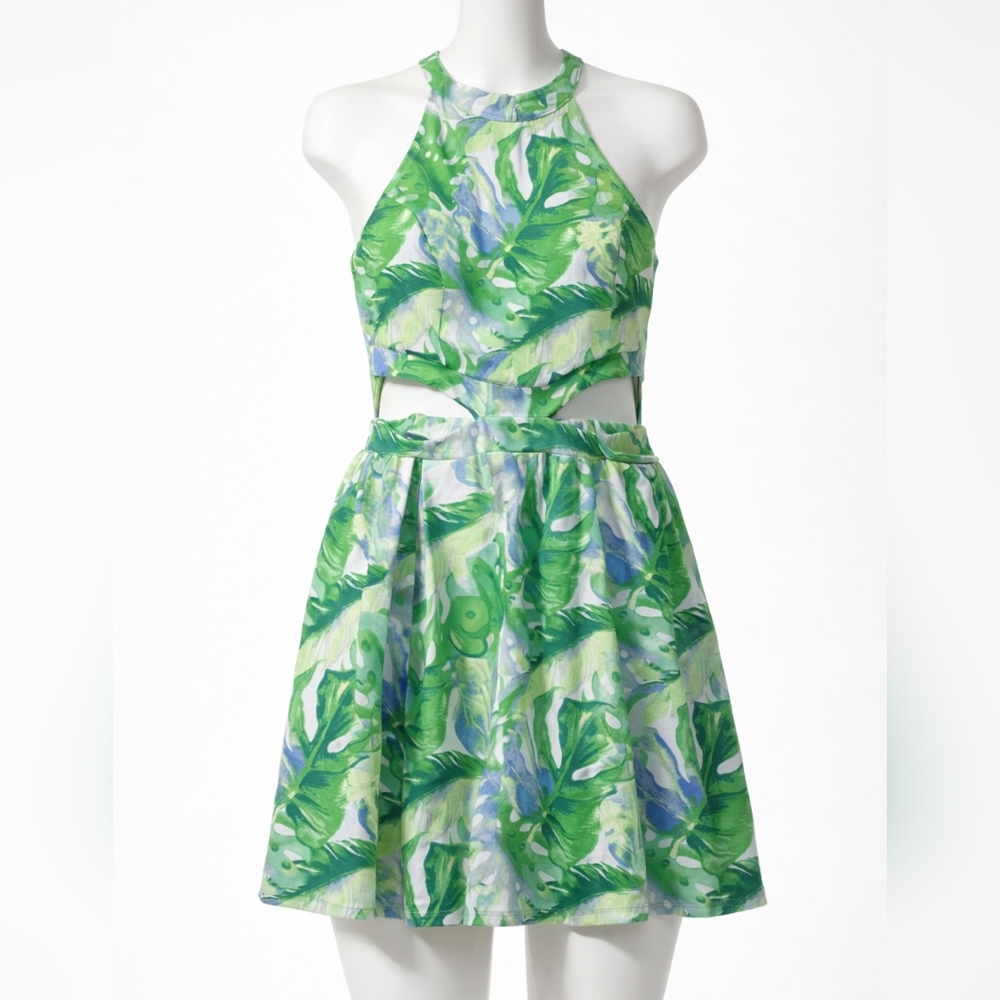 Madden NYC Romper Fit & Flare Green Tropical Leaf Cut Out Halter Boho Summer - Picture 2 of 16